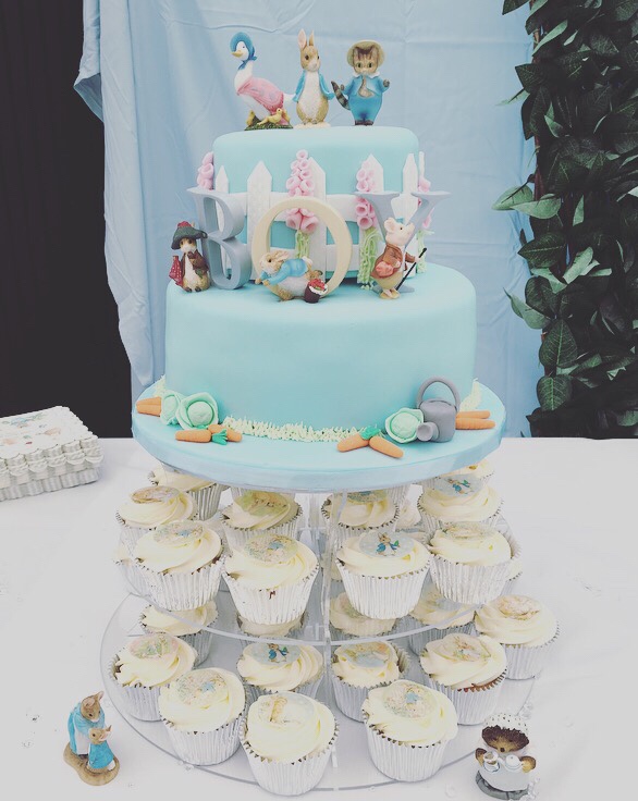 Peter Rabbit baby shower cake and cupcakes
