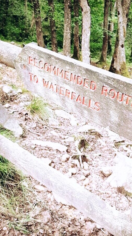 Recommended Route to Waterfall - Four Falls Walk Wooden Sign, Brecon Beacons National Park (Waterfall Country)