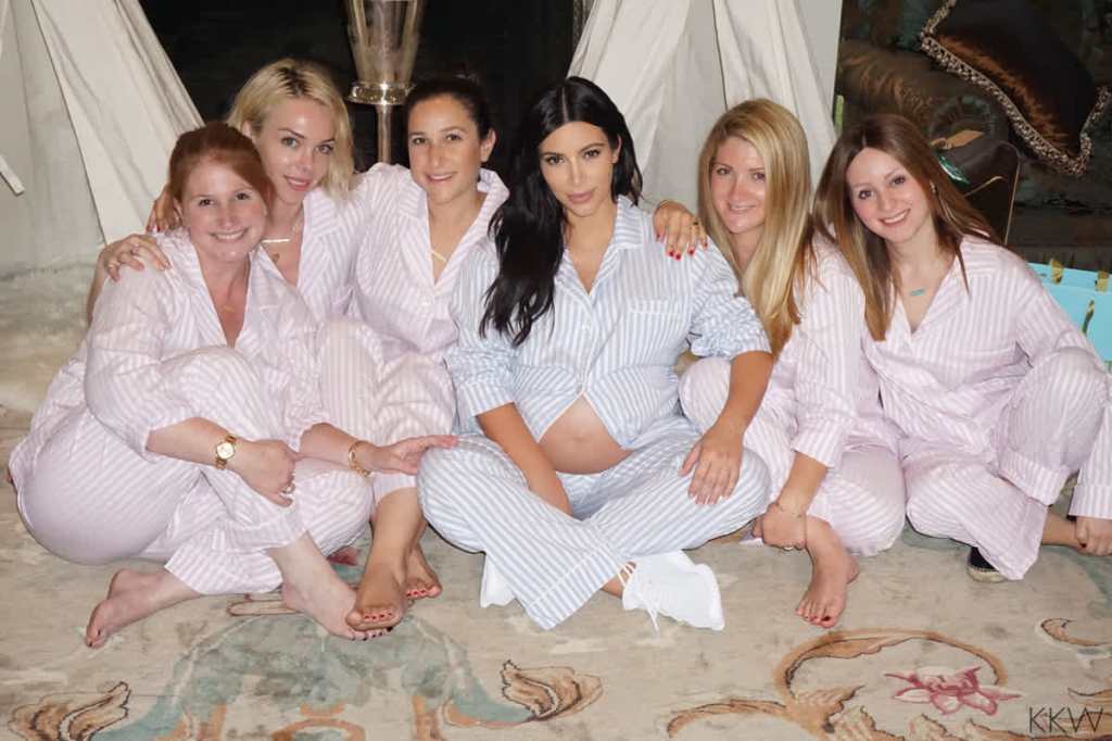 Friends in striped pyjamas at Kim Kardashian's Troop Beverly Hills baby shower party (for Saint) 2015