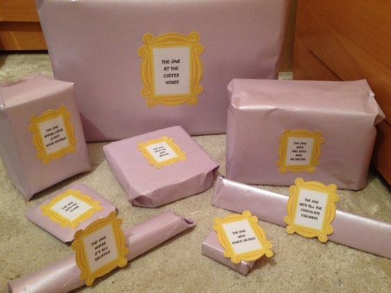 Friends Crap Bag Gift - Presents Wrapped Up In Lilac Paper and Spyhole Frame Labels